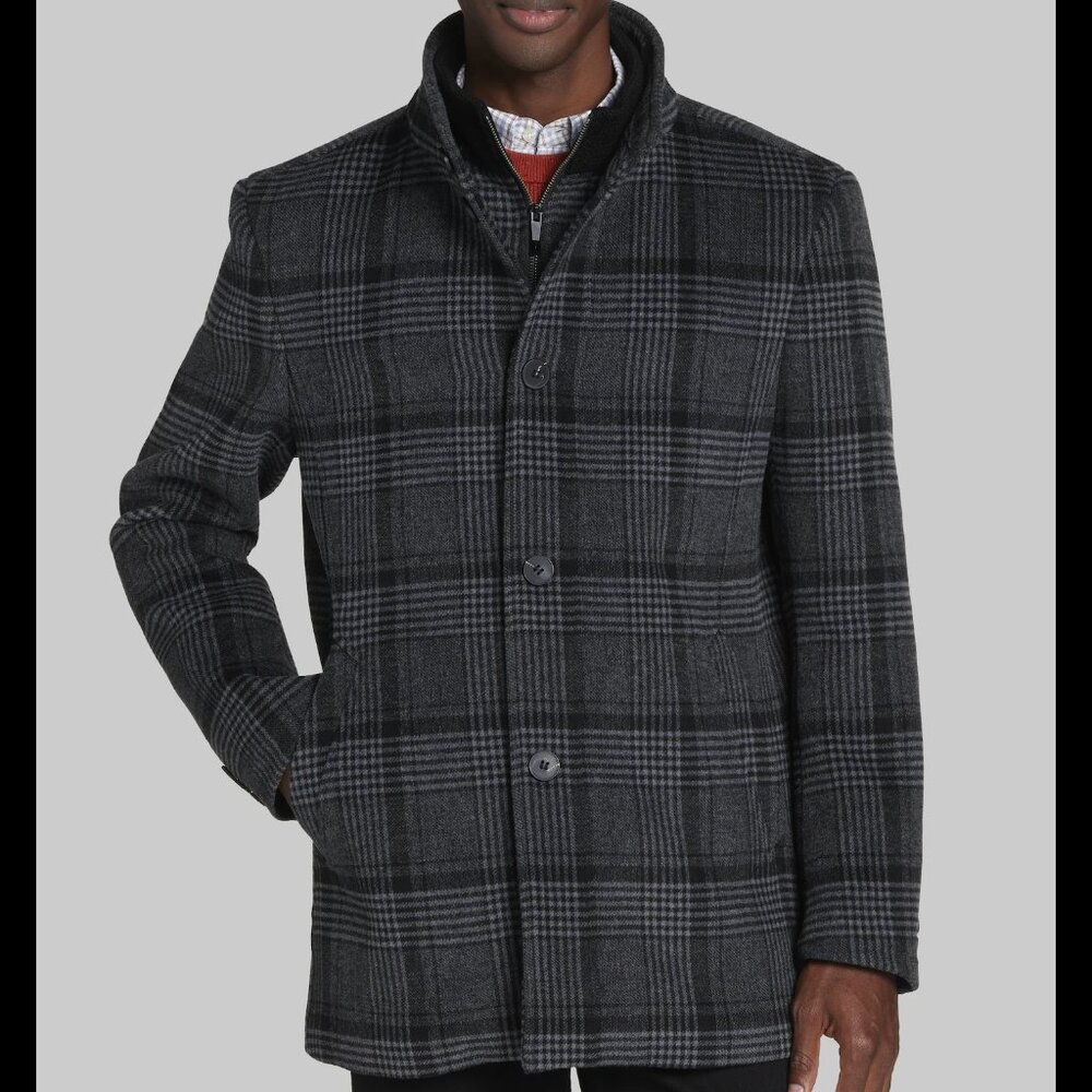 Men's Dark Gray Plaid Wool-Blend Coat